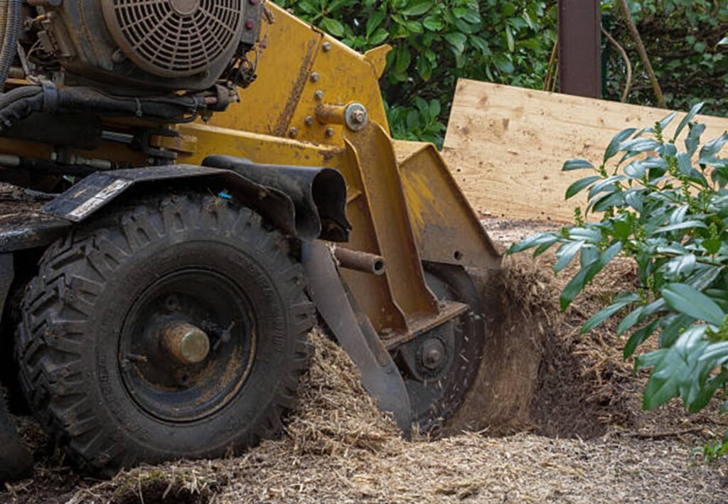 Stump grinding equipment removing a large tree stump from a residential yard in Richfield, Ohio